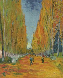 Painting by van Gogh: Avenue with very high trees, with path and foliage in bright orange, sarcophagi and sky in blue.