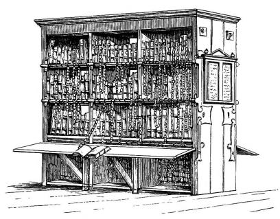 Very large bookcase with foldable desk surface and chained volumes (drawing)