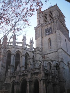 Gothic cathedral in winter, dark grey against light blue