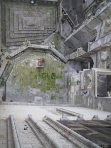 View from Gothic cathedral, almost vertical, onto structures forming a pattern