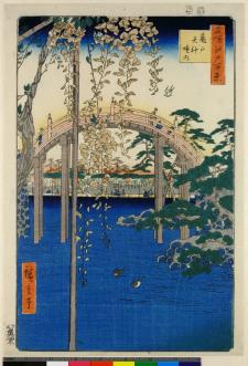 Lower half dark blue water, upper half very steep bridge and branches in cream colours, dark blue strip of sky at top