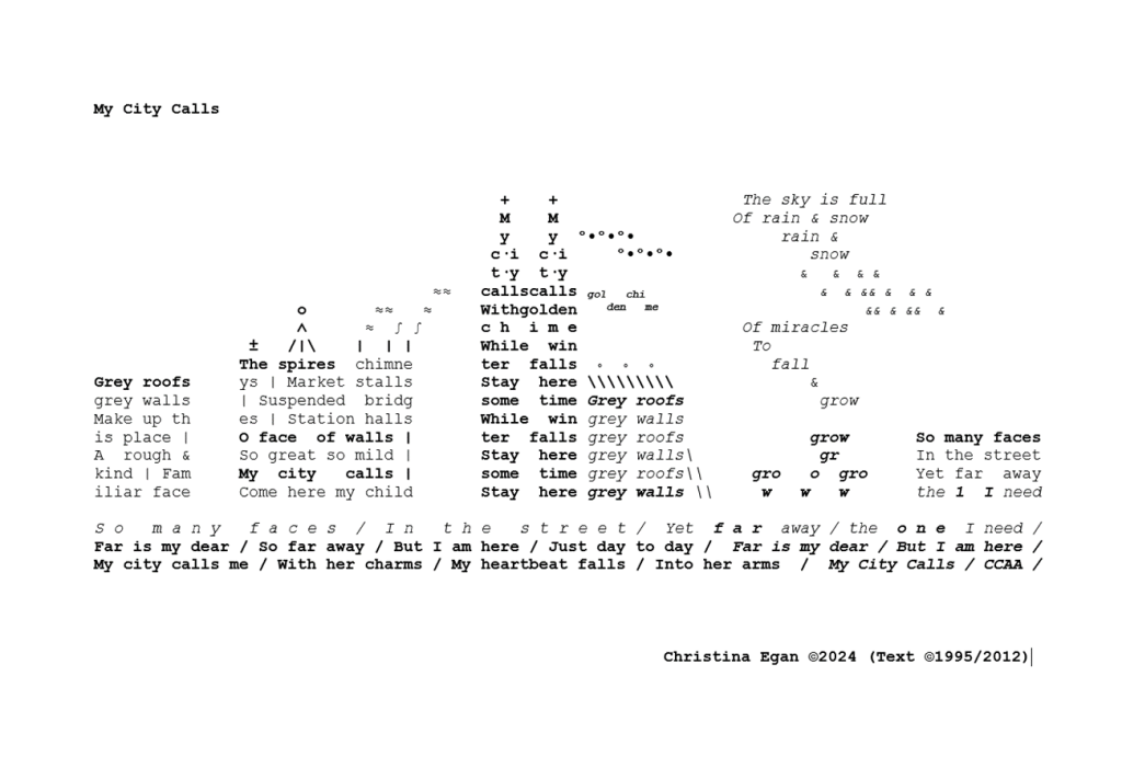 Poem "My City Calls" typed up in the shape of a city, including a Gothic Cathedral. In the sky, chimes, smoke, snow or rain, typed in special characters.