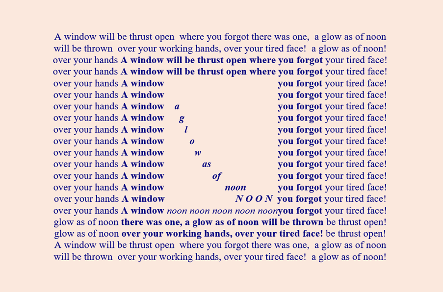 Text "A Window will be Thrust Open", 1st stanza, typed up in the shape of a window with a ray of sunshine coming in.